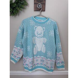 Vintage Arielle Womens Size L Teddy Bear Sweater Pastel Green Pink Grandmacore